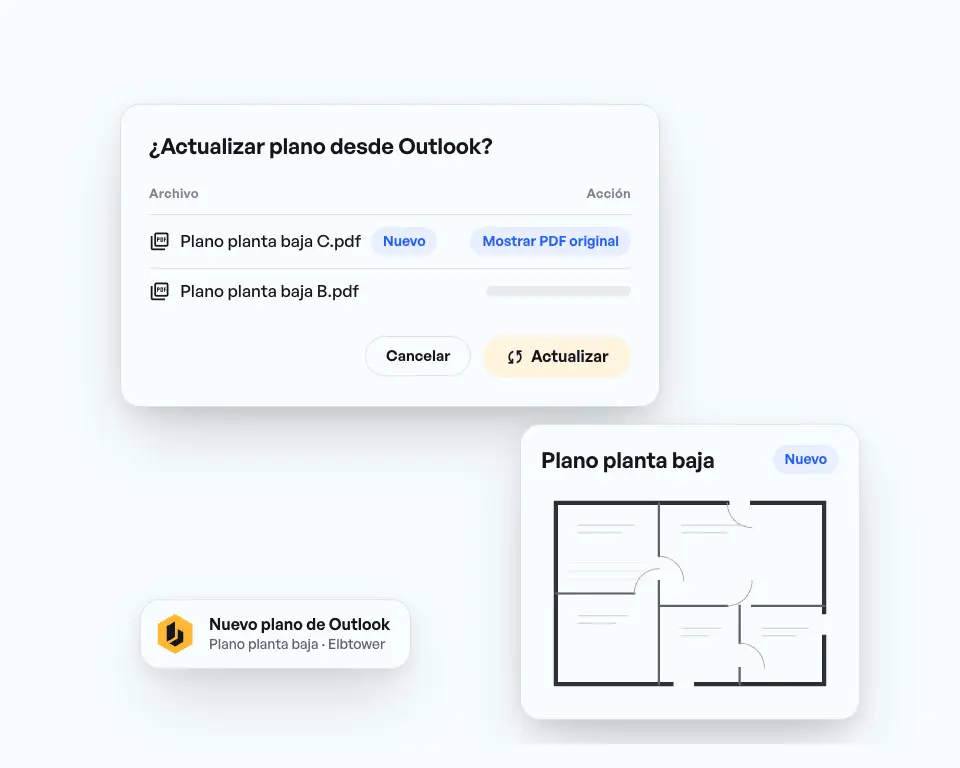 Nuevo plano de planta baja desde Outlook: aviso para actualizar el plano y después el equipo ve el plano nuevo.