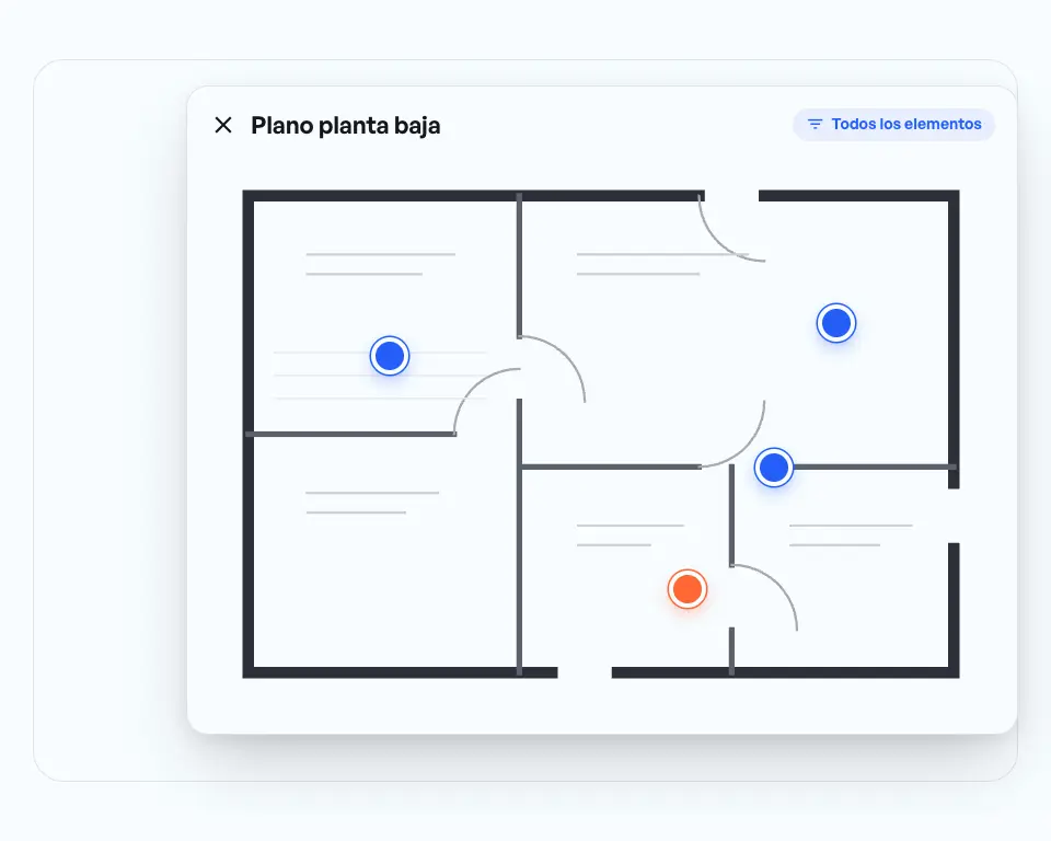 Plano de planta baja: mantener pulsado el punto del plano, elegir «Tarea» y dictarla; la tarea queda como pin en el plano.