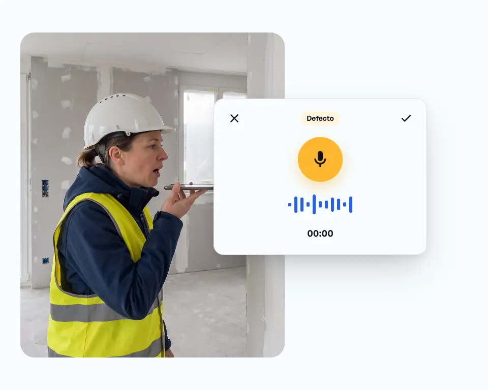 Jefa de obra en una vivienda de obra nueva sin terminar dicta un defecto en una caja empotrada; después el defecto se completa con foto, estado «Abierta», responsable y plazo.