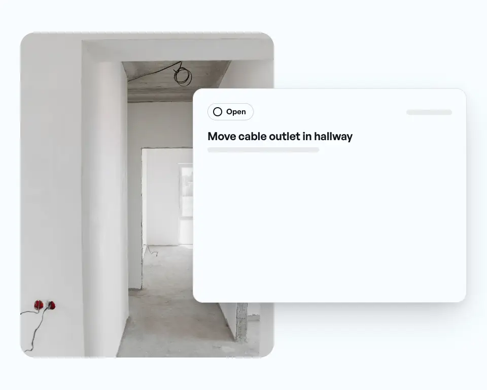 New-build hallway with a cable outlet in the wall, next to it the punch item Move cable outlet in hallway with its history from logged to checked and closed, each with date and time.