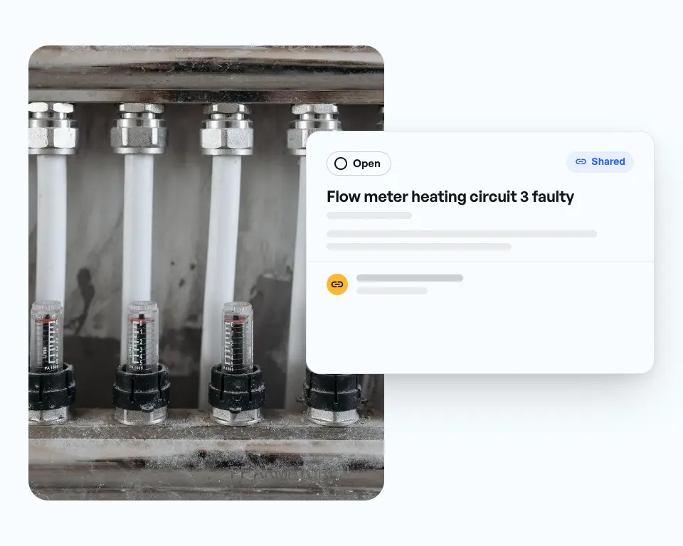 Heating manifold with flow meters, next to it the shared punch item Flow meter heating circuit 3 faulty, the contractor replies directly through the link.