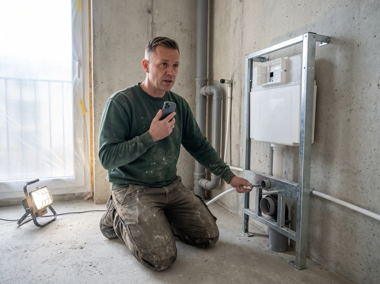 Sanitärinstallateur spricht an der Vorwandinstallation in sein Handy