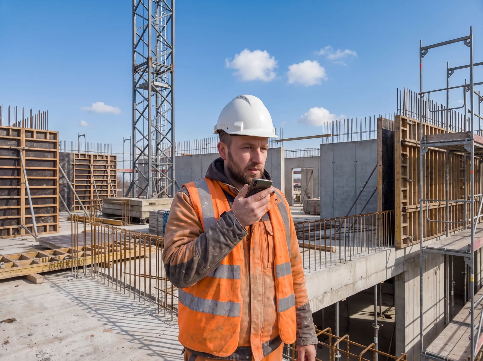 Polier im Rohbau spricht in sein Handy