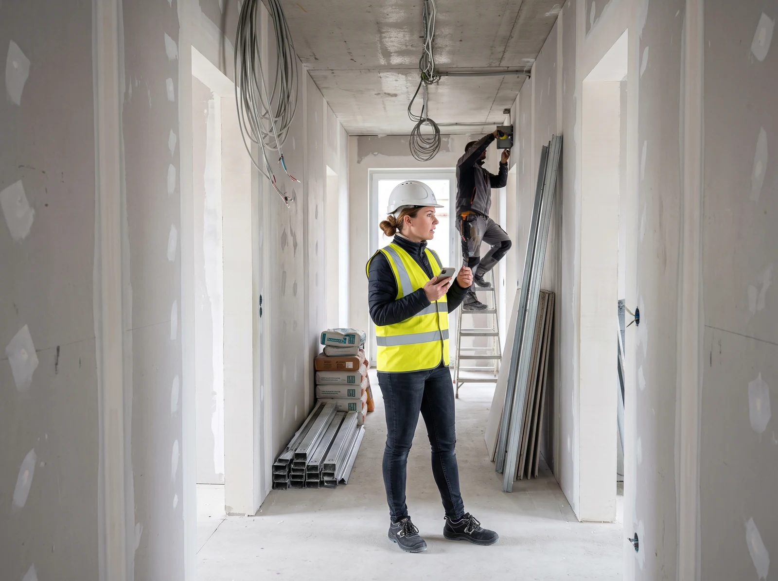 Bauleiterin im Innenausbau mit Handy