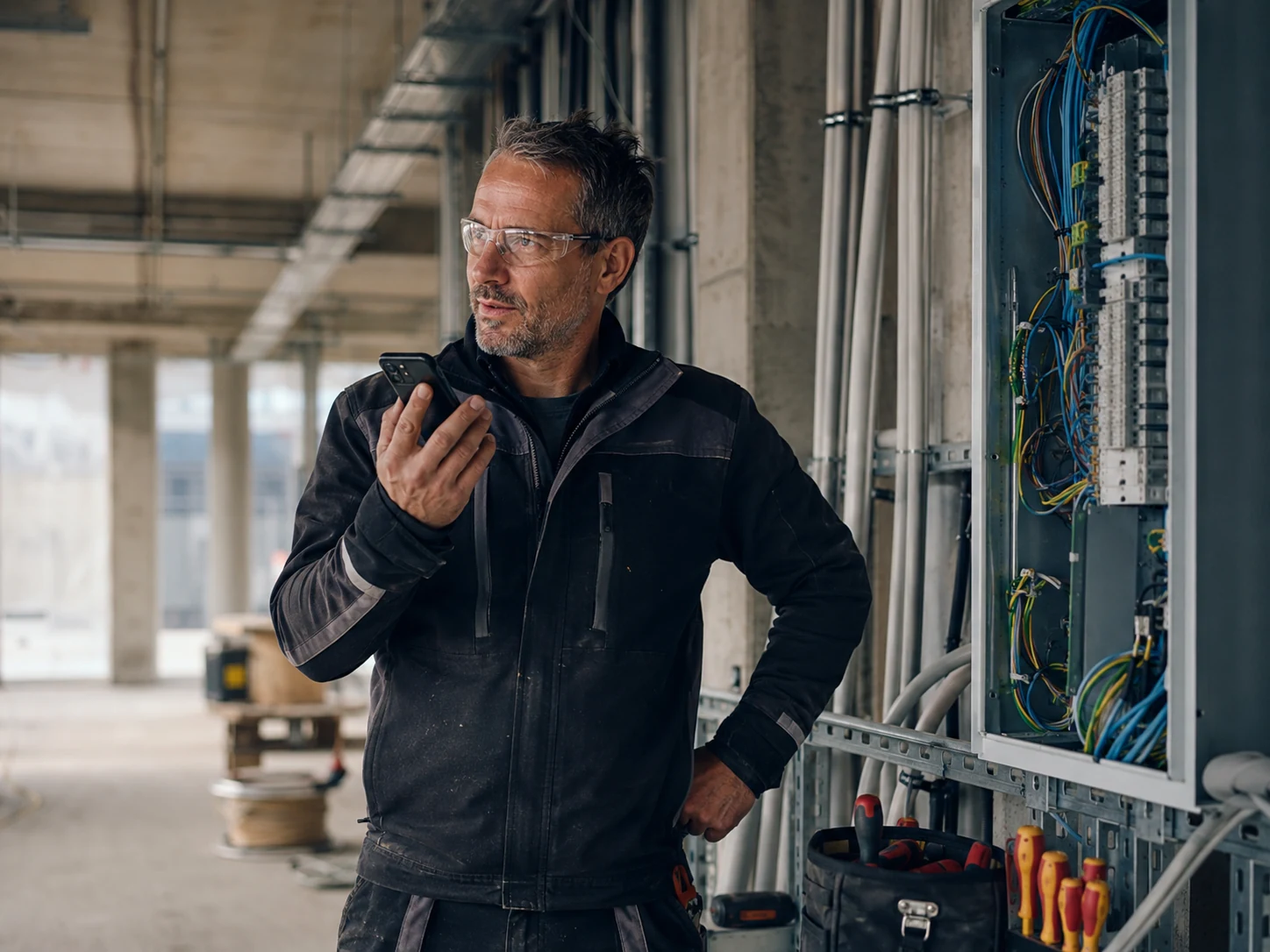 Elektriker spricht auf einer Baustelle in sein Smartphone, daneben ein offener Verteilerschrank