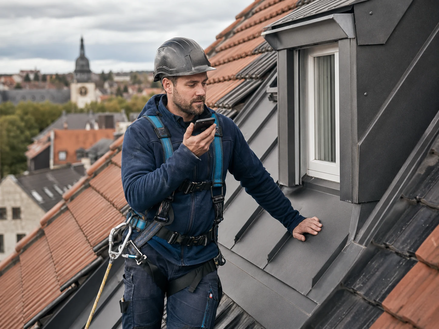Dachdecker mit Helm und Sicherheitsgurt auf einem Ziegeldach mit Smartphone