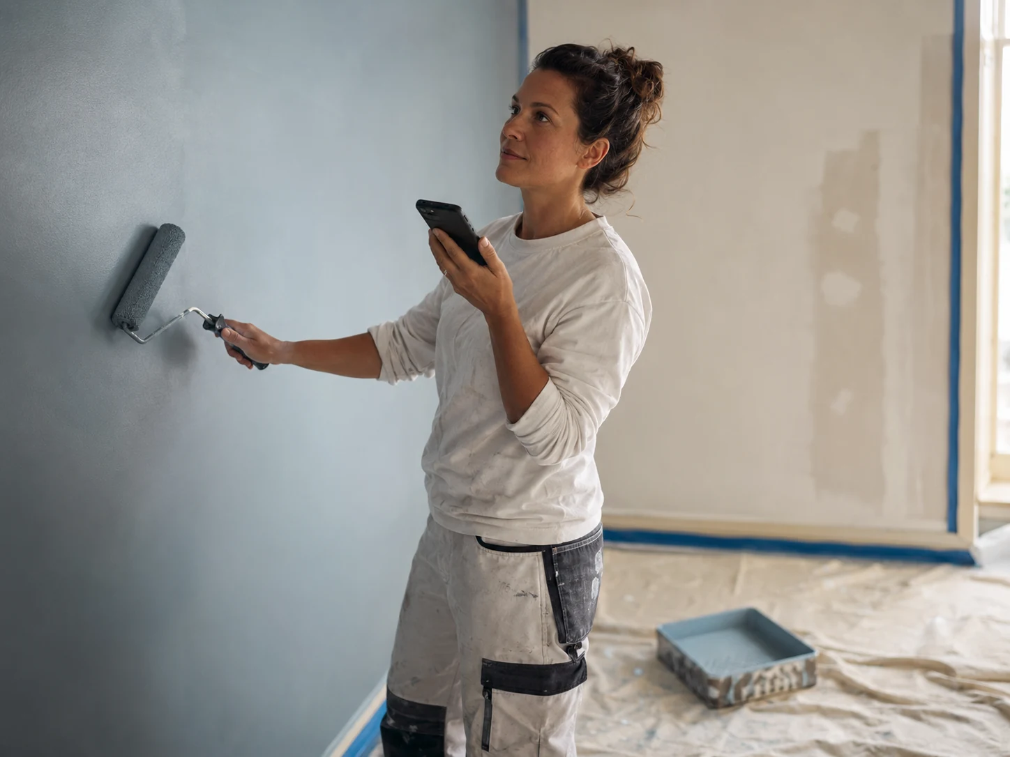 Malerin streicht eine Wand und hält ein Smartphone in der Hand