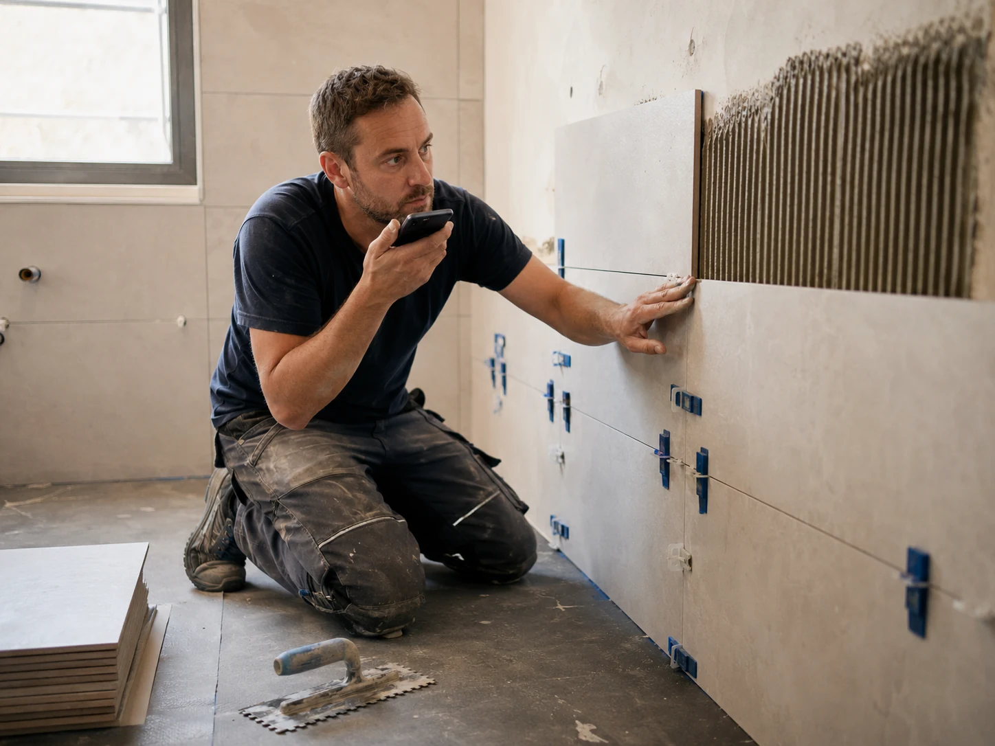 Fliesenleger kniet vor einer Wand und spricht in sein Smartphone