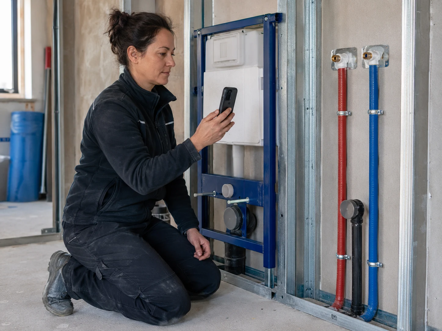 Sanitärinstallateurin fotografiert ein Vorwandelement mit dem Smartphone