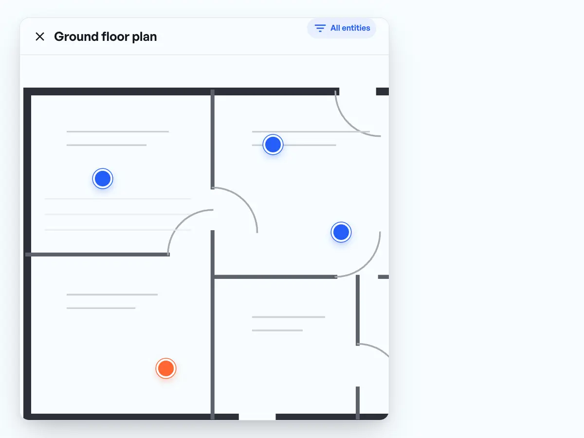 Long-press the plan, choose a task, and the plumbing task with photo and checklist sits as a pin on the plan