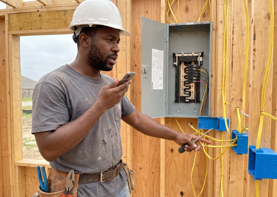 Electrician next to an open breaker panel in a wood-framed house, dictating notes into his phone
