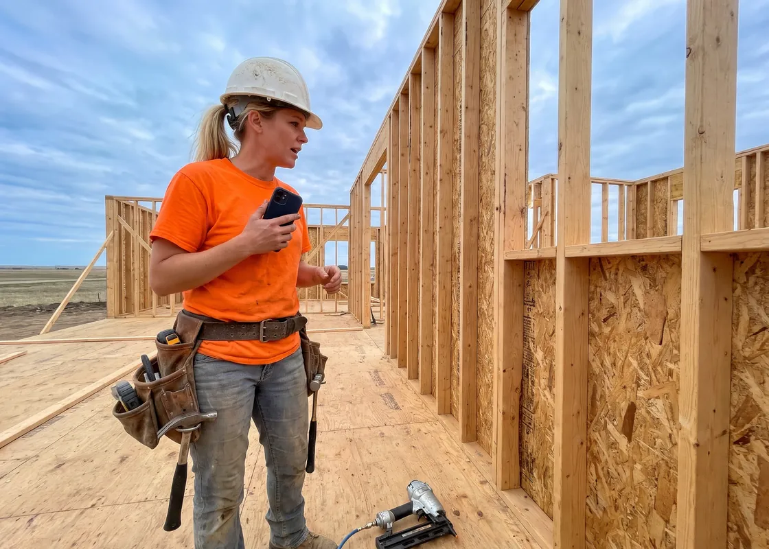 Framing carpenter on the subfloor of a wood-framed house, recording a voice note on her phone