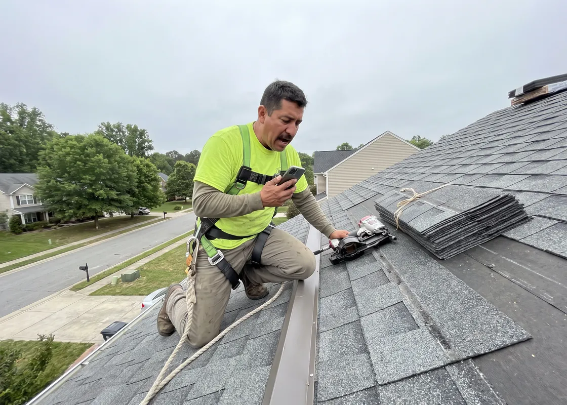 Roofer kneeling on an asphalt shingle roof in a harness, dictating into his phone