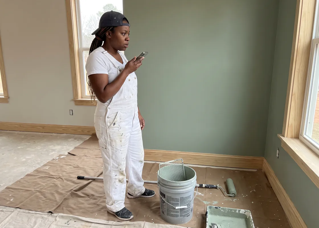 Painter in a freshly painted living room with drop cloths, recording a voice note on her phone