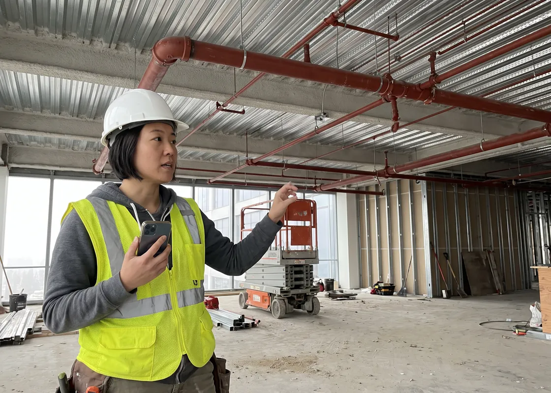 Fire sprinkler fitter under red sprinkler lines on an office floor, recording notes on her phone