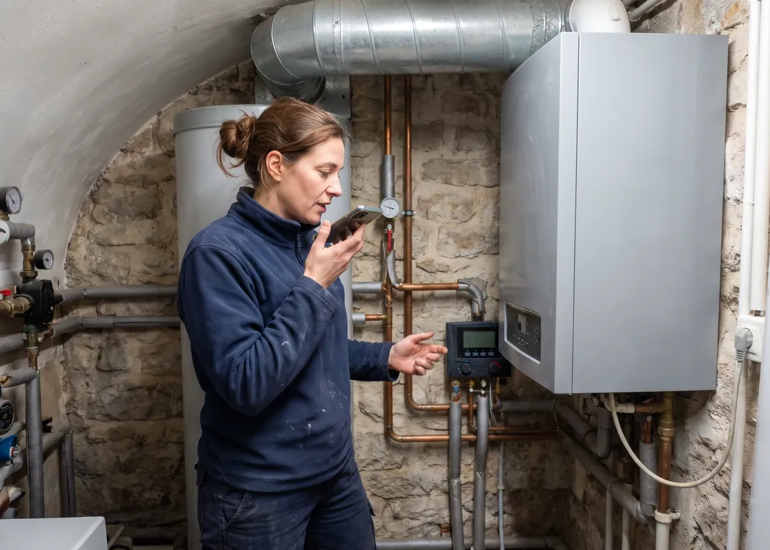 Technicienne chauffage et ventilation devant une chaudière murale en chaufferie, qui parle dans son téléphone