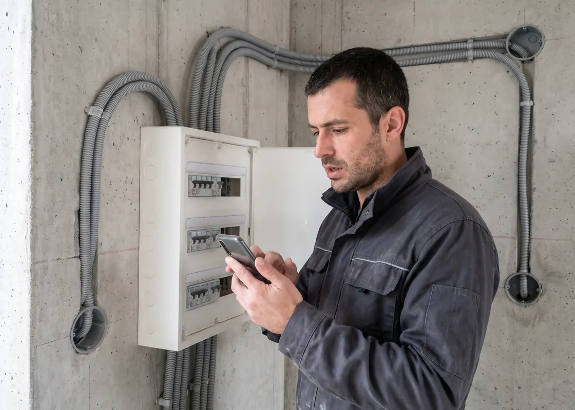 Électricien devant un tableau électrique ouvert dans un immeuble neuf, qui dicte une note sur son téléphone