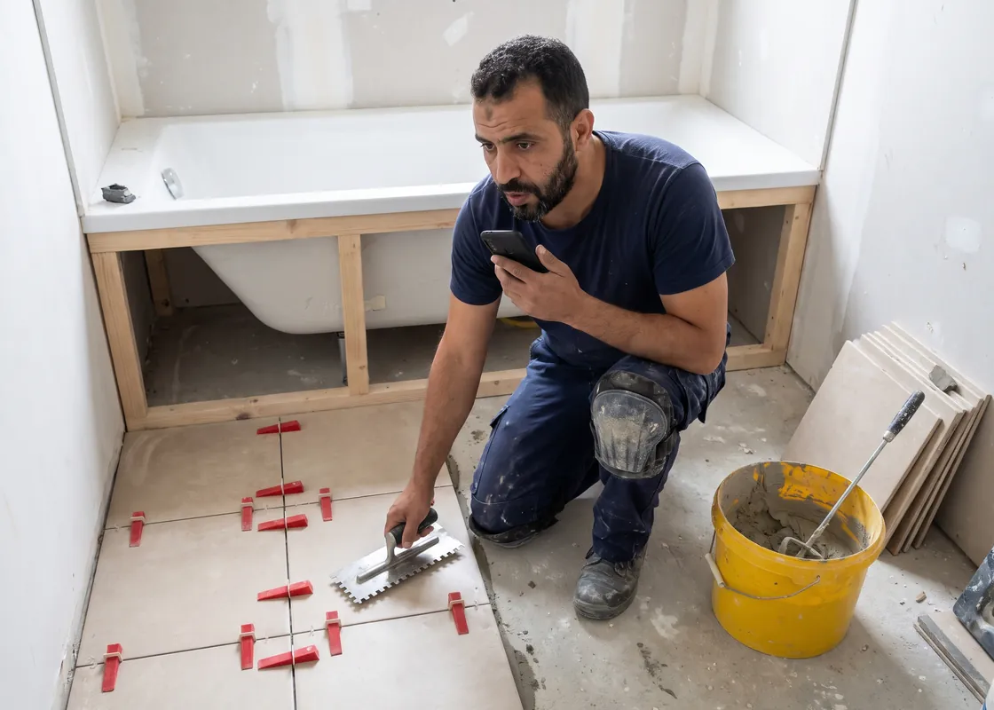 Carreleur qui pose un carrelage grand format dans une salle de bains, en dictant une note sur son téléphone