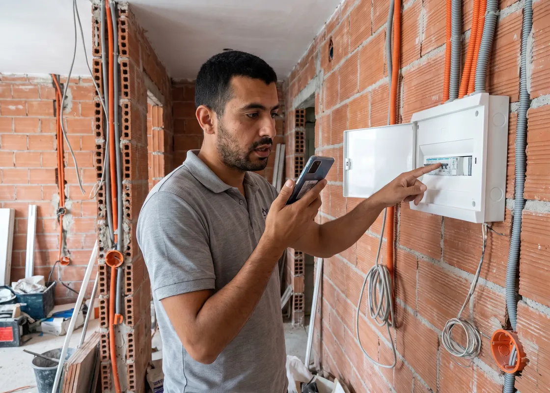 Electricista junto a un cuadro eléctrico en un edificio de viviendas en obra, dictando una nota en su móvil