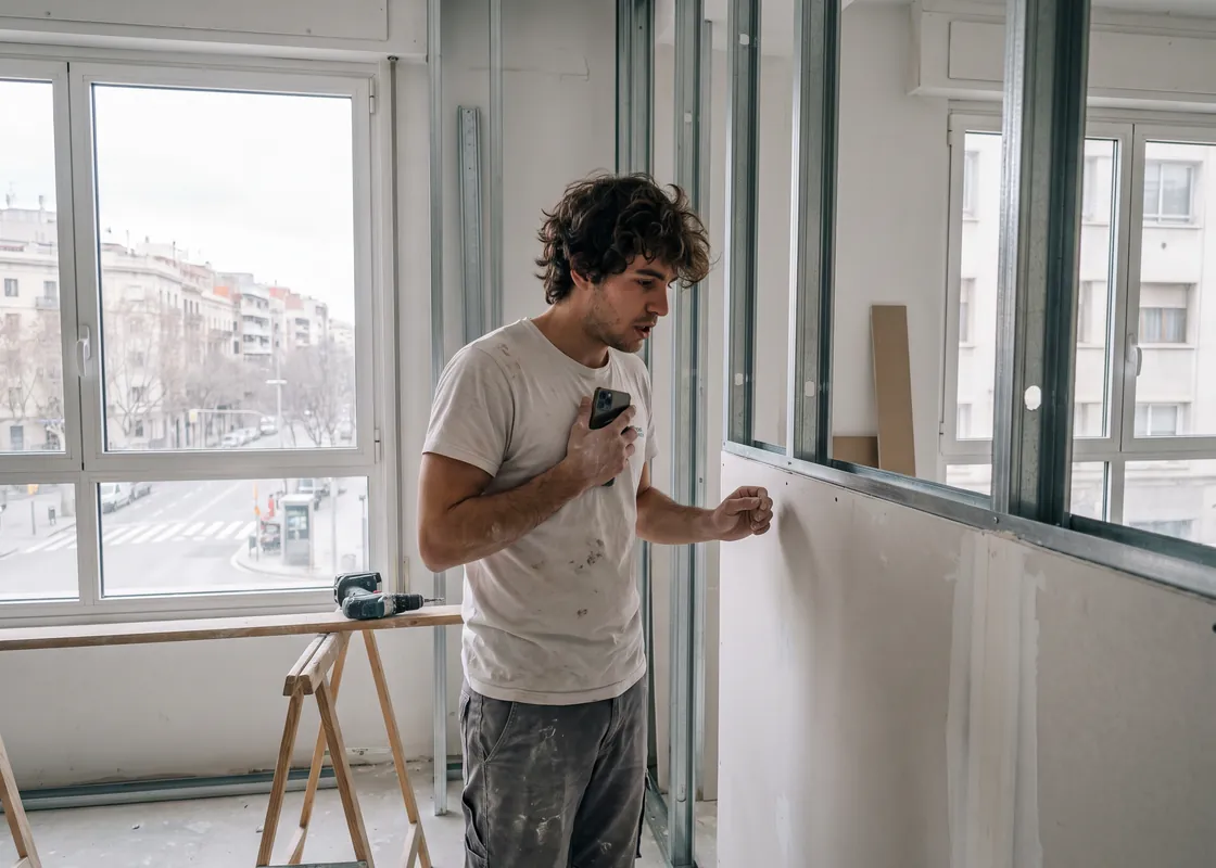 Instalador de pladur junto a tabiques de placa de yeso en una oficina en obra, hablando a su móvil