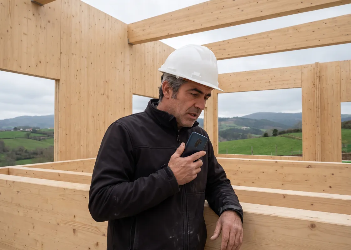 Carpintero en un edificio de madera contralaminada en construcción, dictando una nota en su móvil