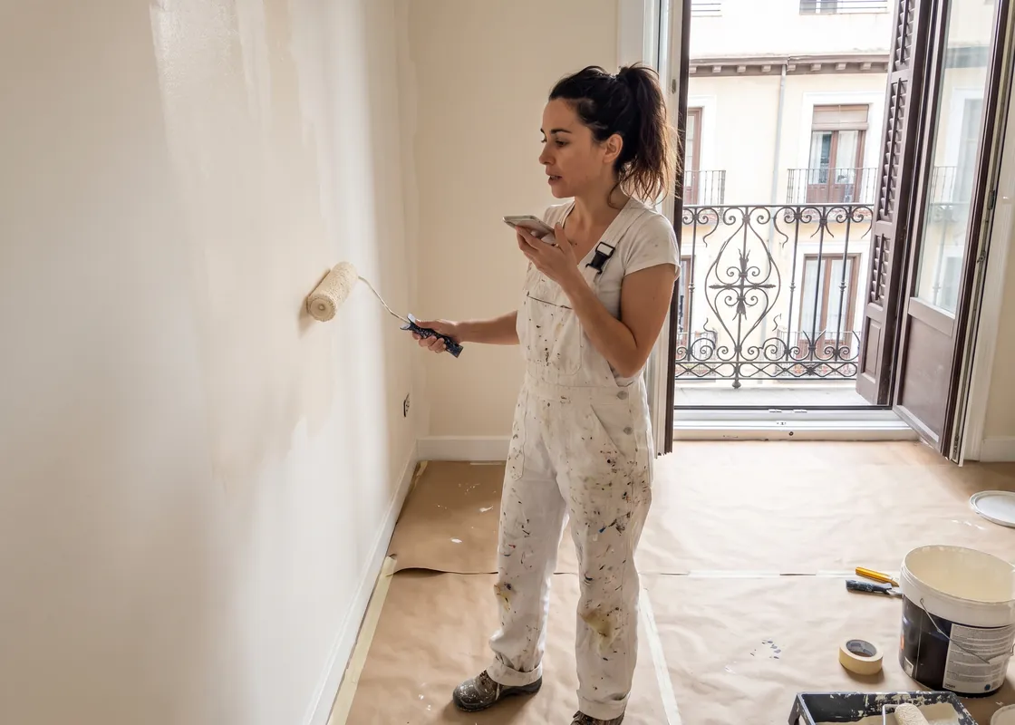 Pintora en un piso reformado en Madrid, rodillo en mano, dictando una nota en su móvil