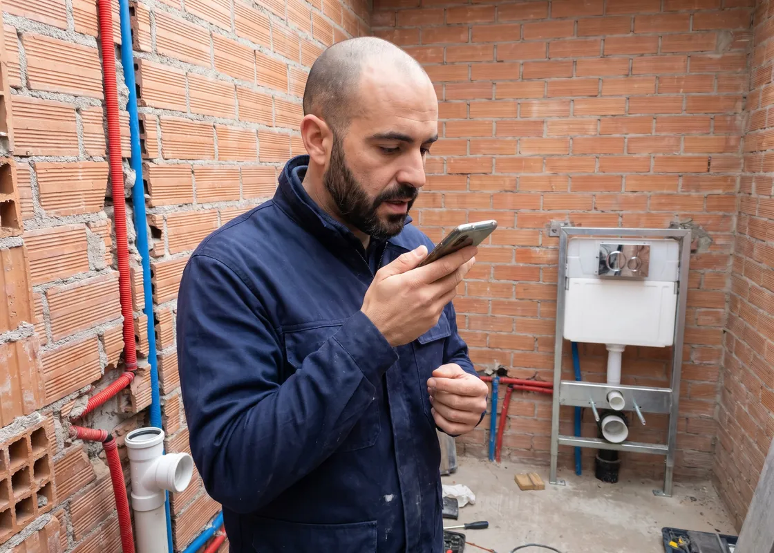 Fontanero ante una instalación de baño en obra con tuberías multicapa, hablando a su móvil