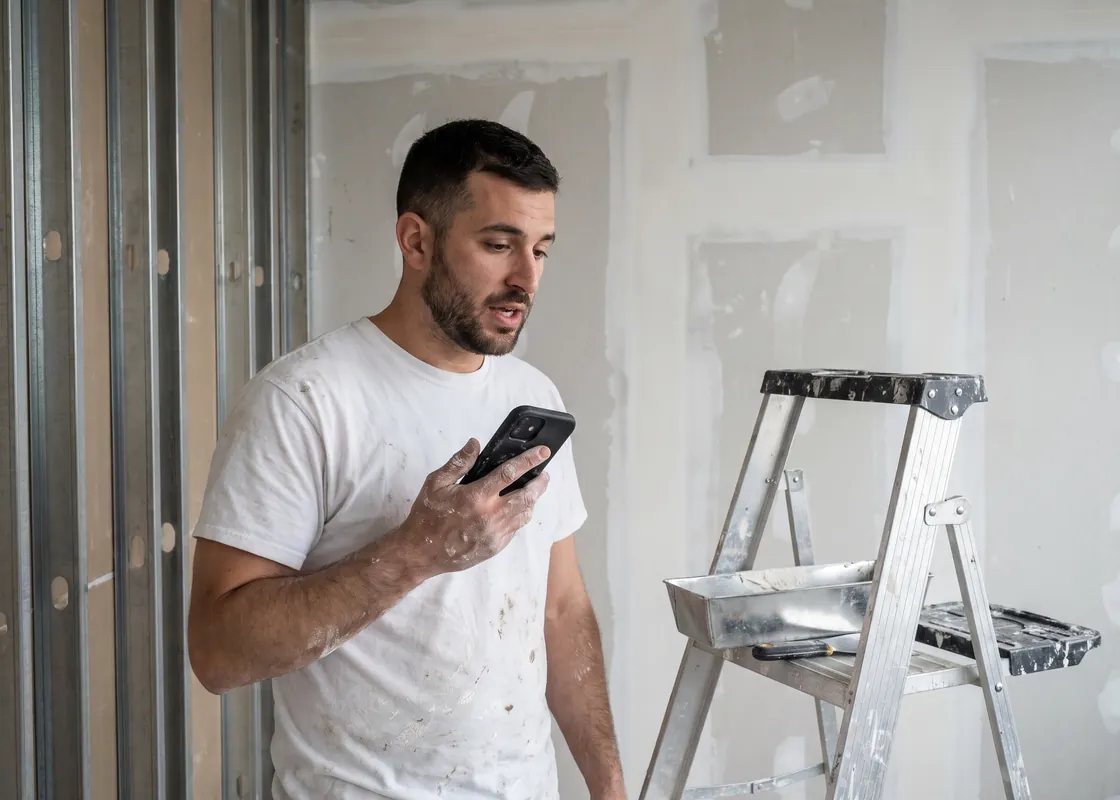 Drywall finisher in an office build-out with taped sheetrock walls, speaking into his phone