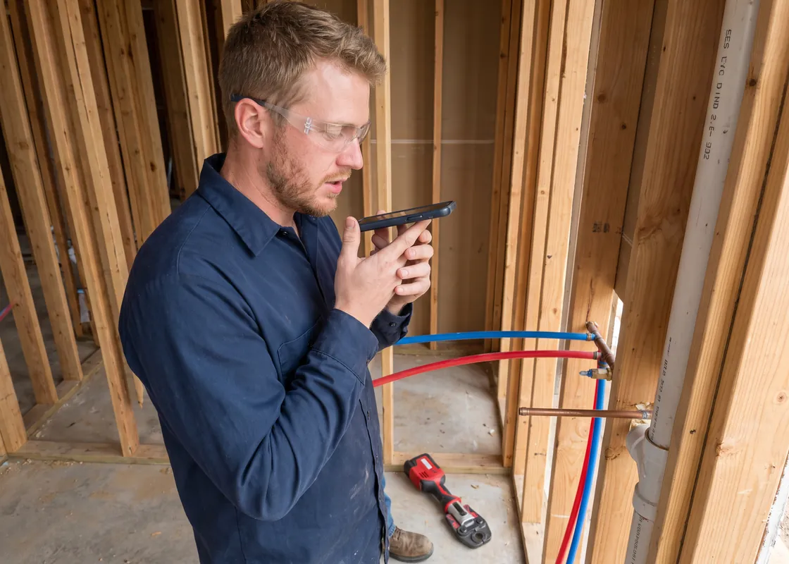 Plumber at a bathroom rough-in with PEX and copper lines, speaking into his phone