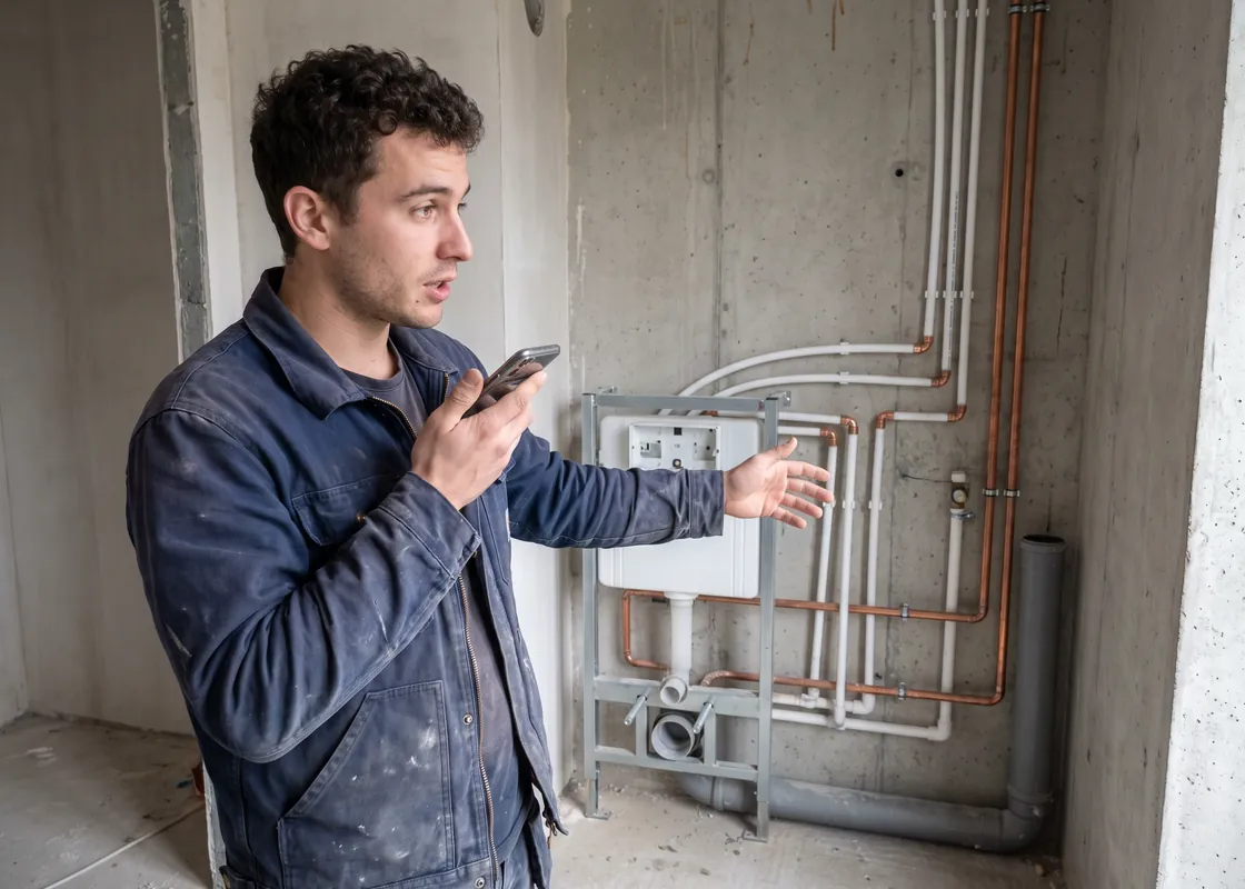 Plombier devant un bâti-support et des arrivées d'eau dans une salle de bains en chantier, qui parle dans son téléphone