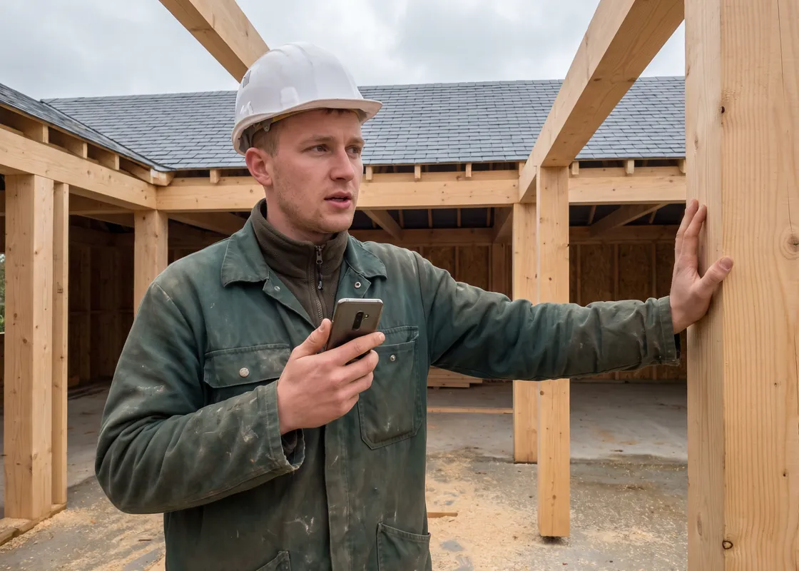 Charpentier dans une maison à ossature bois en construction, qui dicte une note sur son téléphone