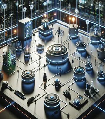 Auf einer grauen Fläche sind lauter Knöpfe und Regler zu sehen, die leuchten und die alle irgendwie miteinander verbunden scheinen.