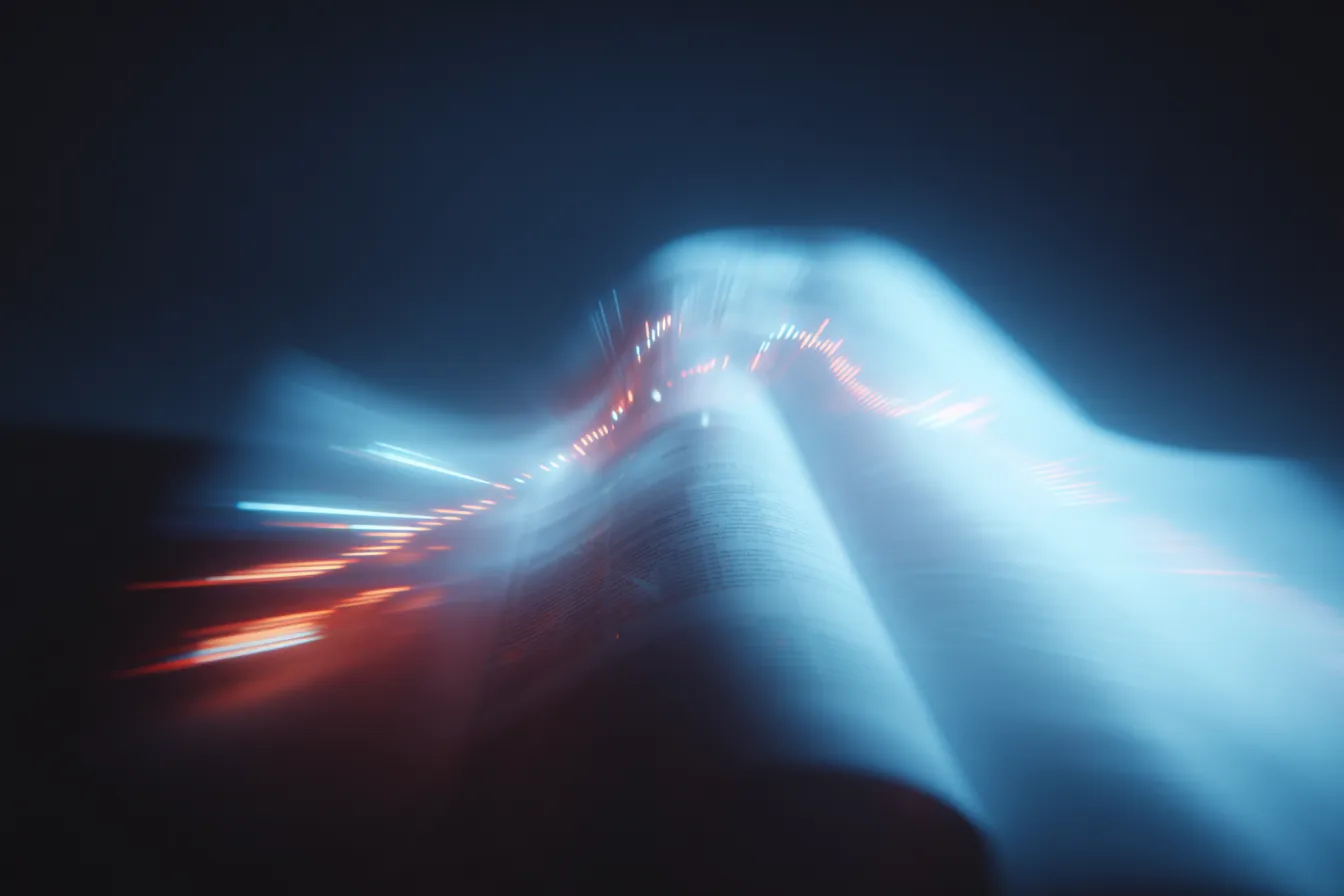 Eine blauorangen, durchscheinende Wolke zieht durchs Bild, mit vereinzelt erkennbaren digital leuchtenden Punkten drin.