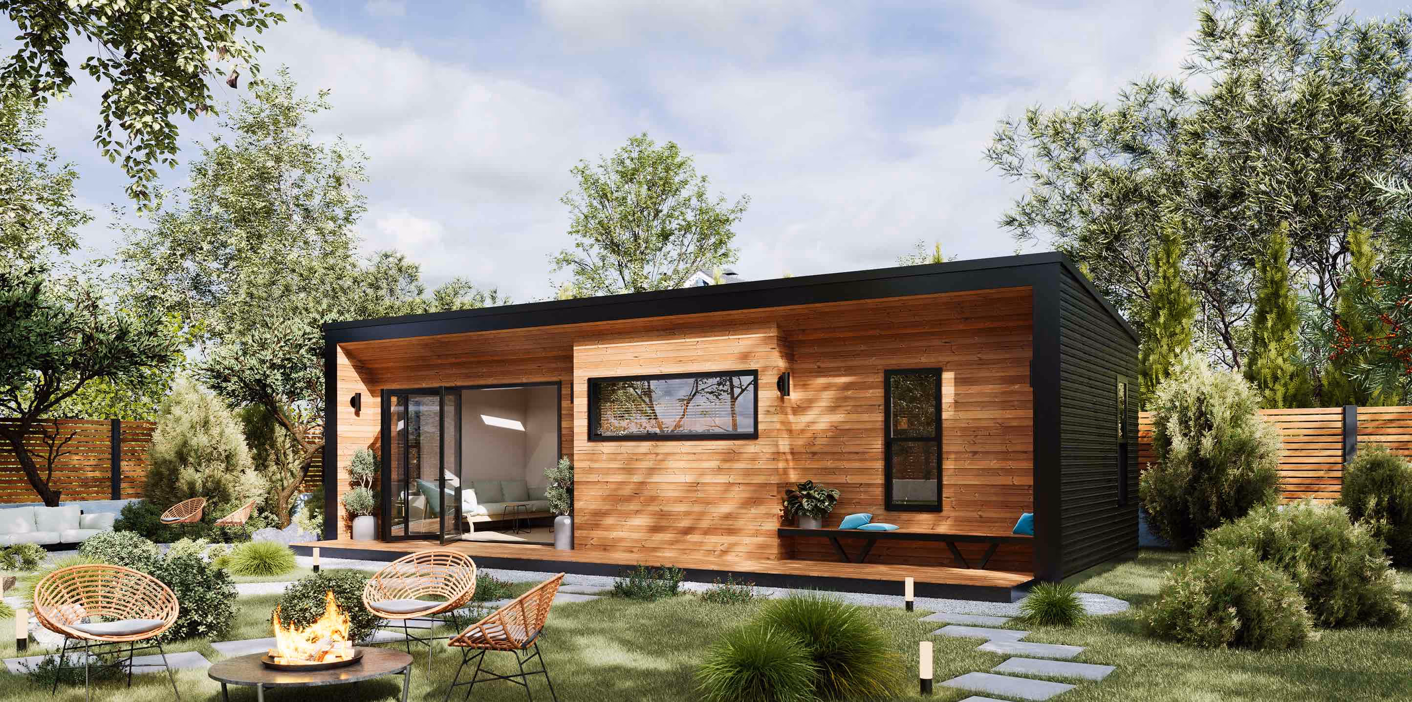 Modern contemporary design ADU with natural wood siding and bi-fold doors