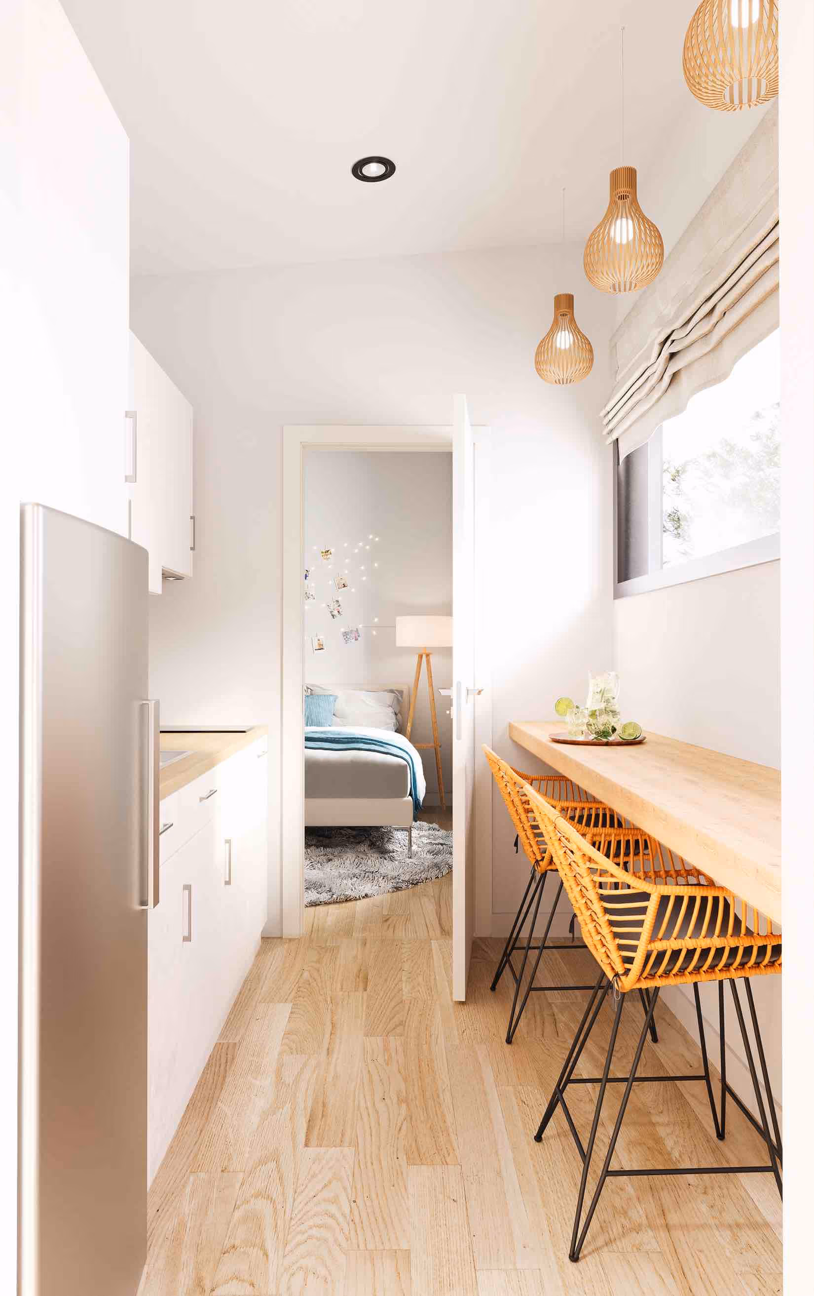 ADU Fillmore 440 small kitchen with wooden chairs 