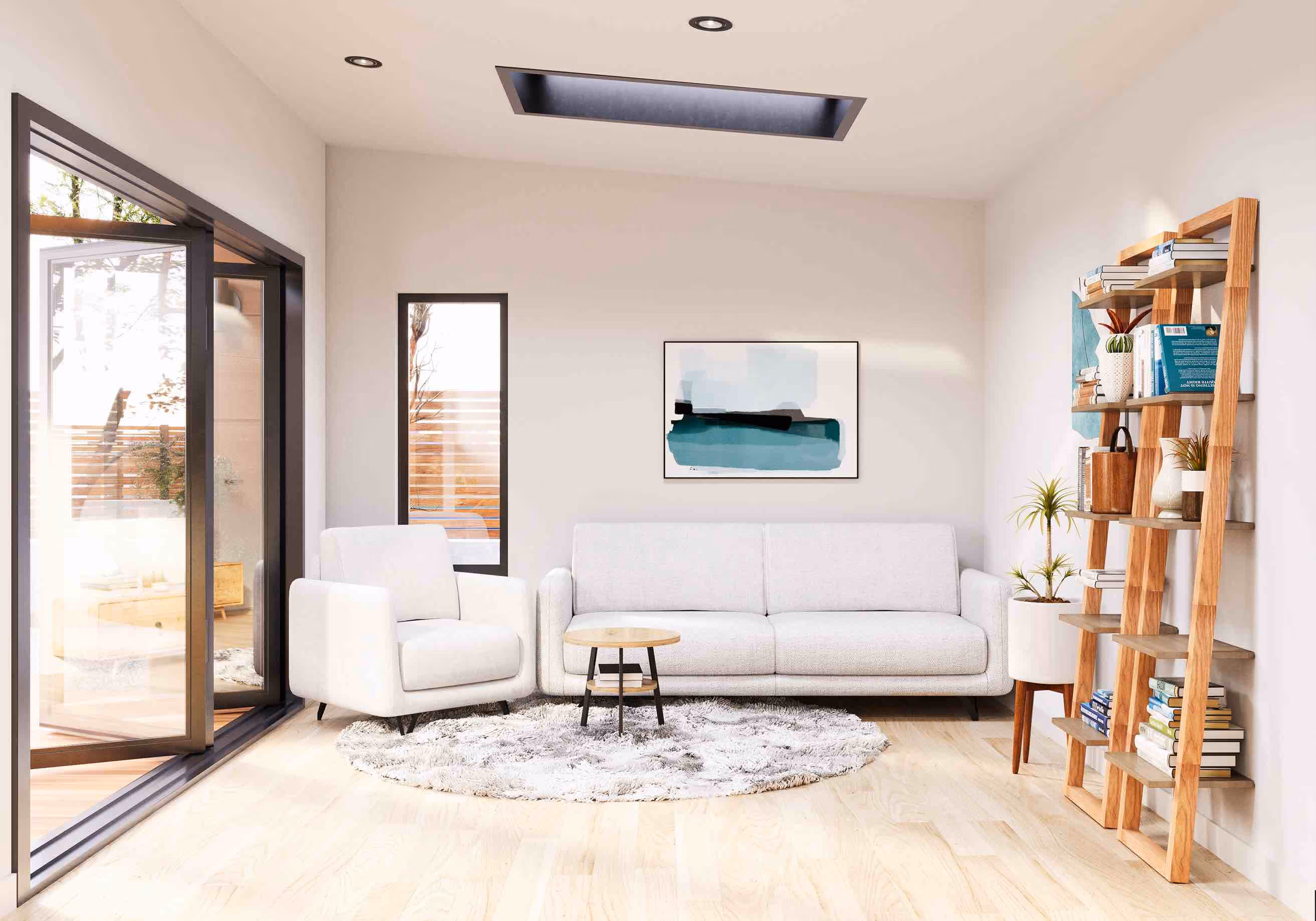 Spacious living room of Fillmore 440 ADU with lots of natural ligt, coach and chair featuring a skylight