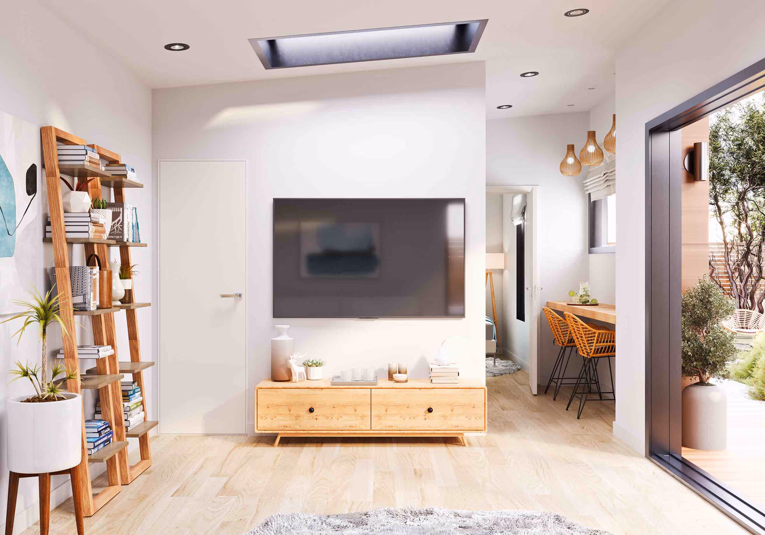 ADU inside - living room with a TV, shelf and a large bi-fold door