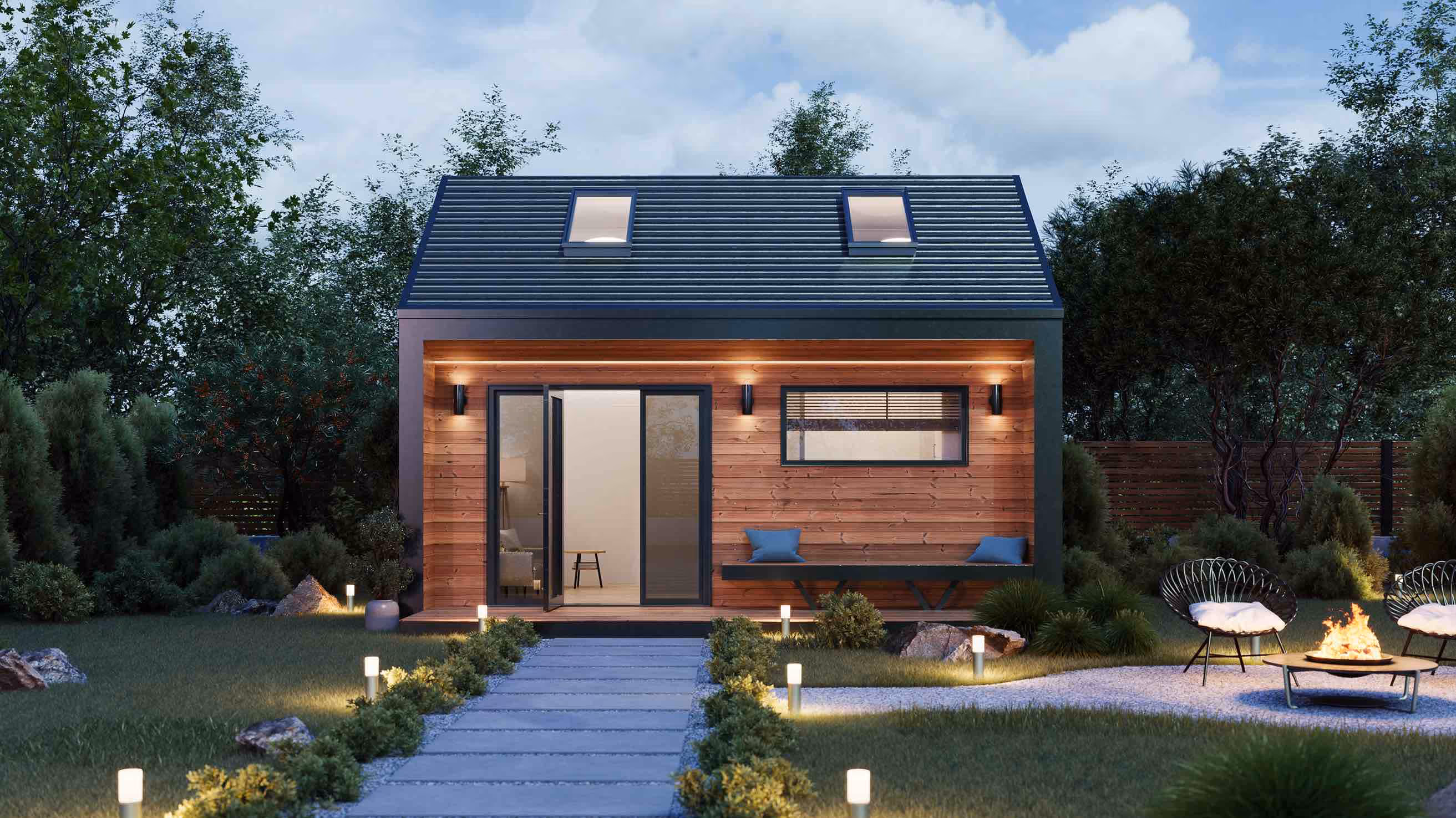 Night view of Ashbury 250 - small modern ADU for additional living space on a well-maintained backyard with lights around