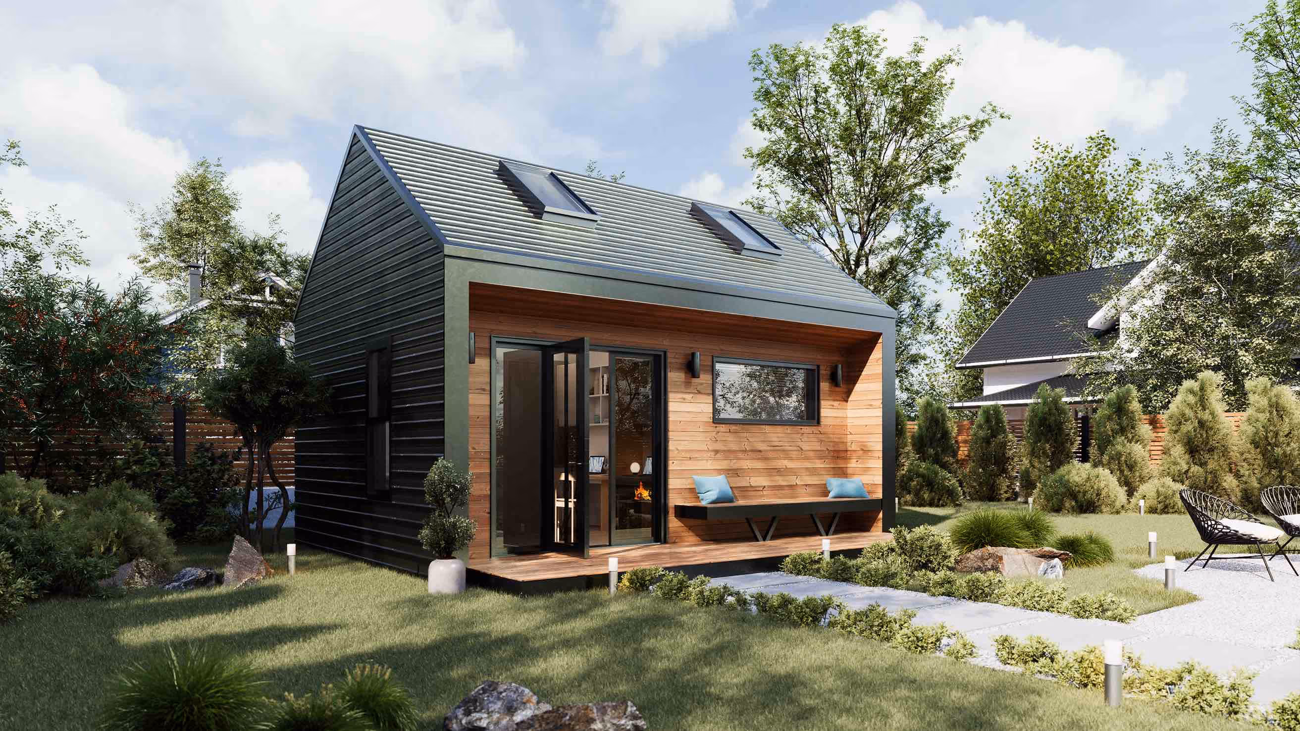 Corner view of prefab accessory dwelling unit in a beautiful garden area