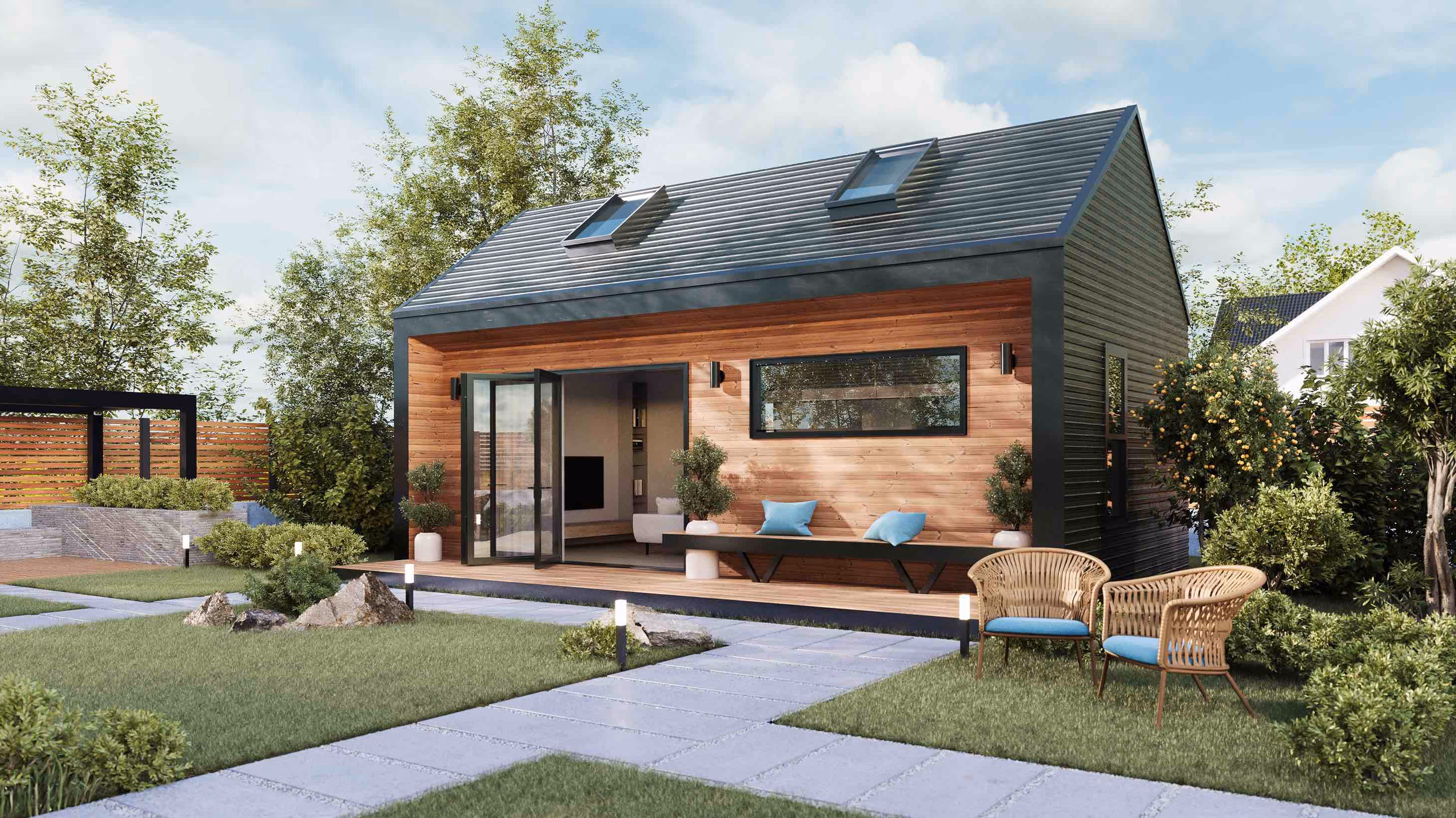 Modern design ADU with bi-fold door, deck and pitcher roof that creates a cozy mezzanine room