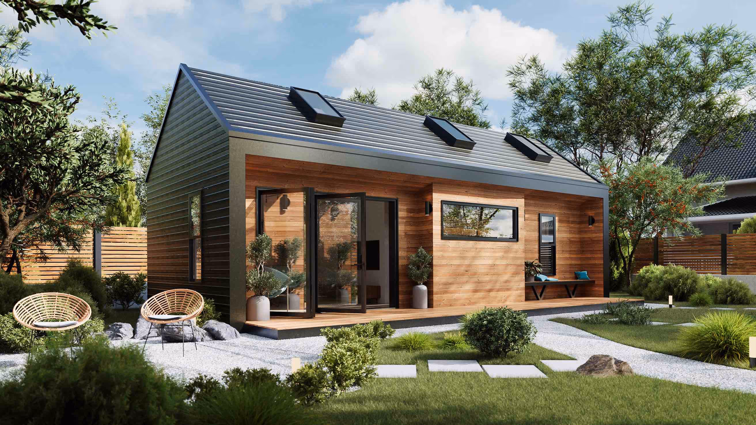 Corner view of accessory dwelling unit with pitched roof and modern design in a nice garden