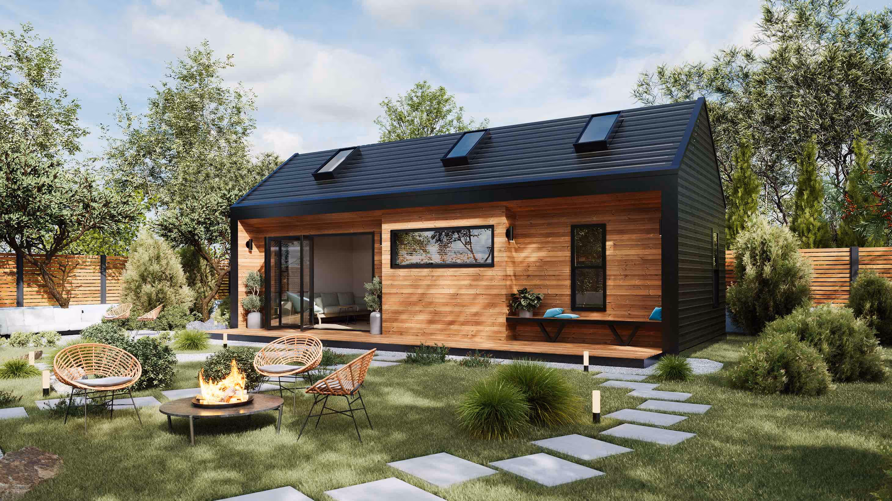 Ashbury 440, prefabricated ADU by Wellmade with pitched roof, featuring deck, bench and skylights