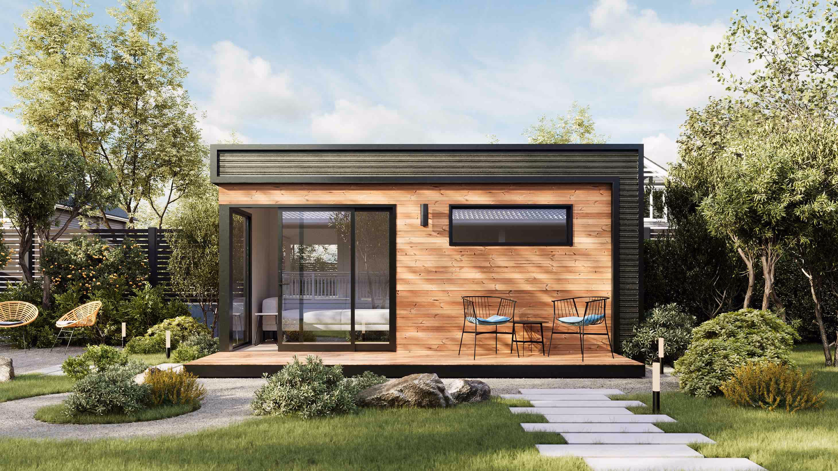 Sunset Max prefab backyard office with corner door and awning window on a nice backyard with trees