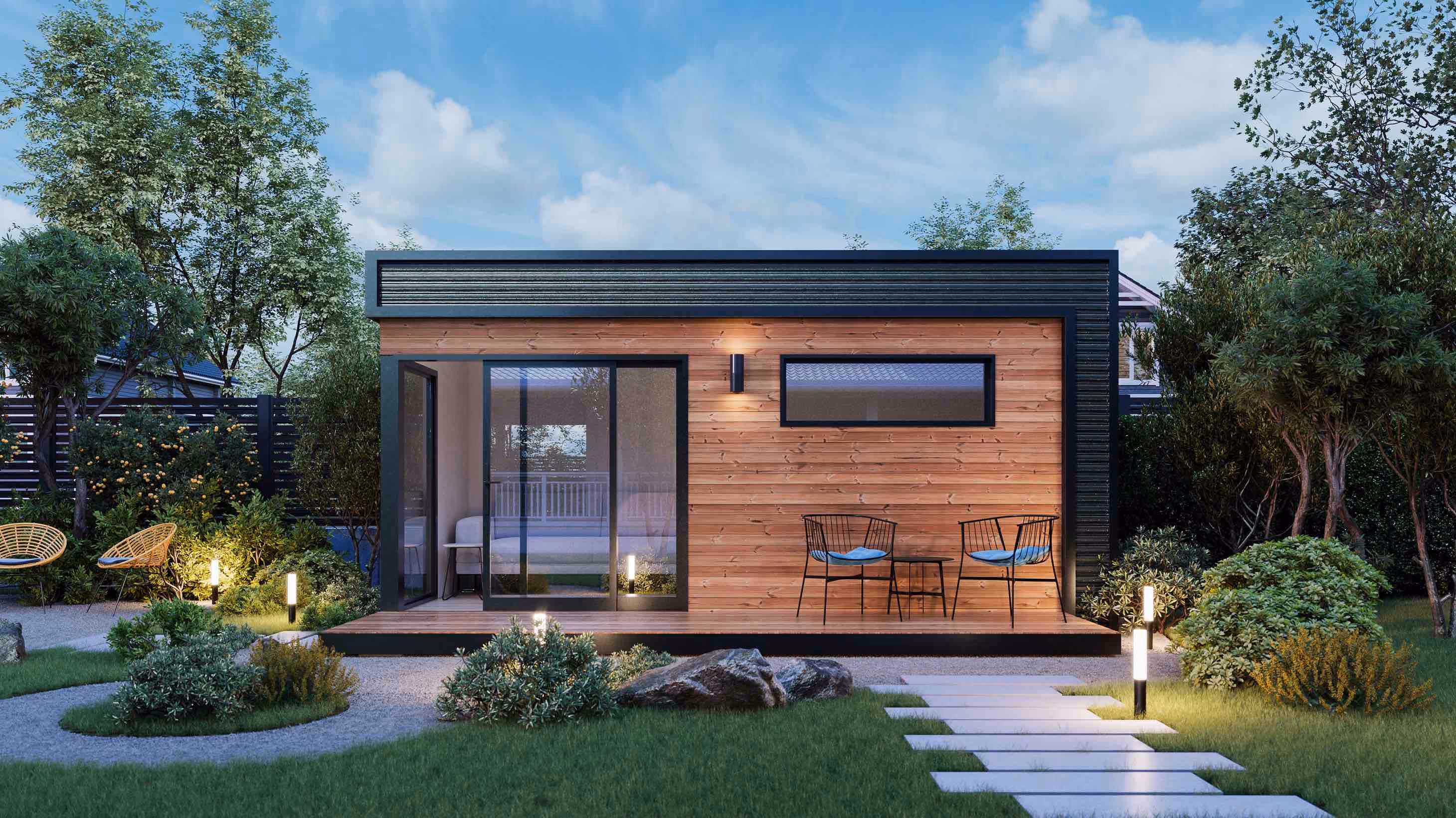 Night view of Sunset Max - modern prefab shed by Wellmade