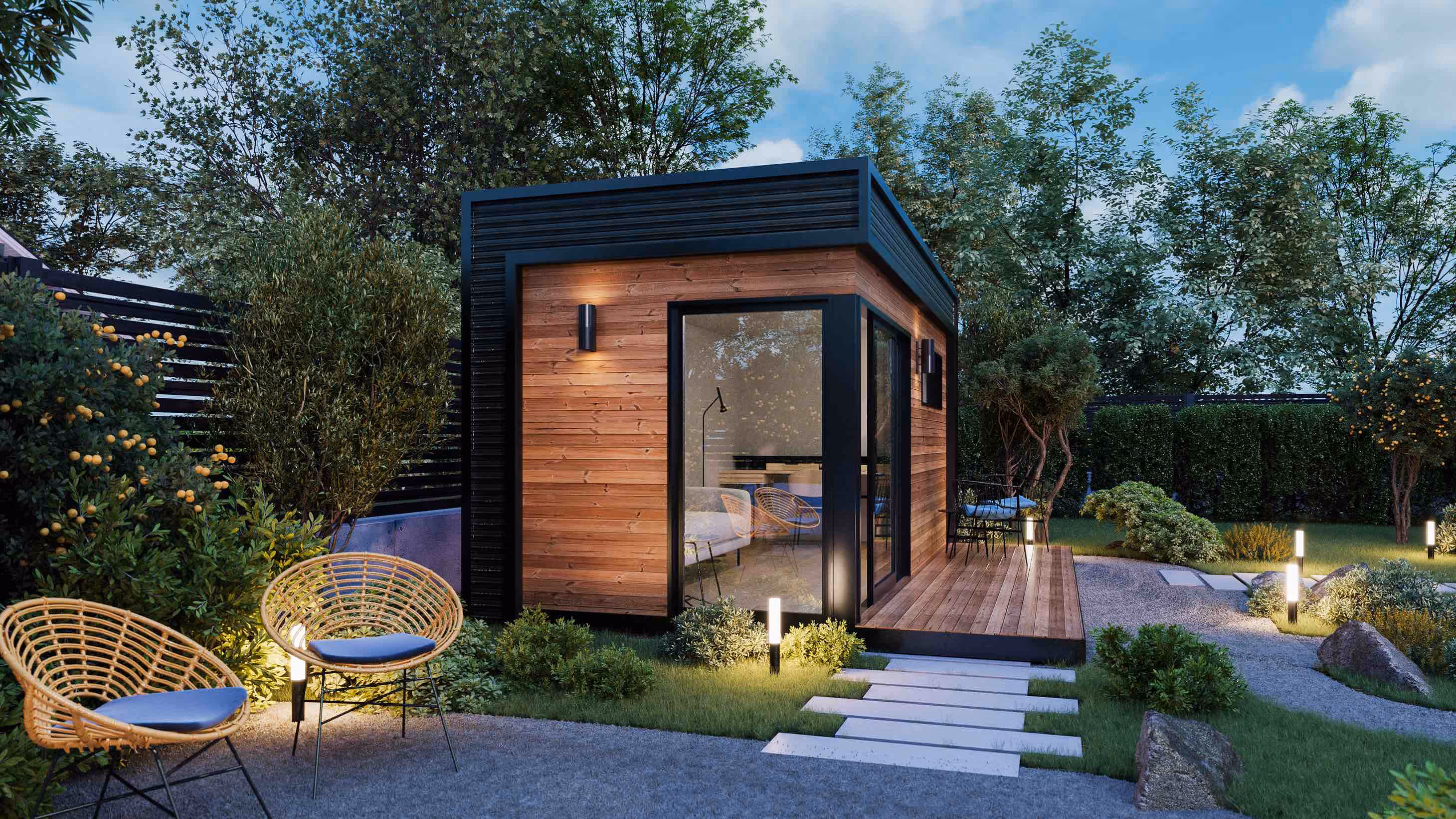Night Side view of a modern backyard office.