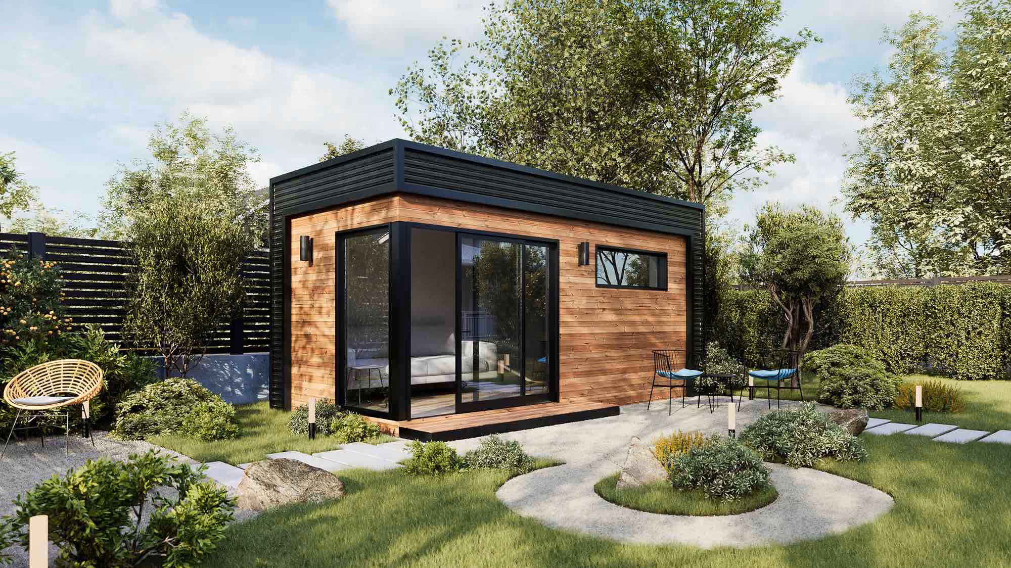 A  modern design of Sunset Max studio shed by Wellmade, maximized for city comfort.