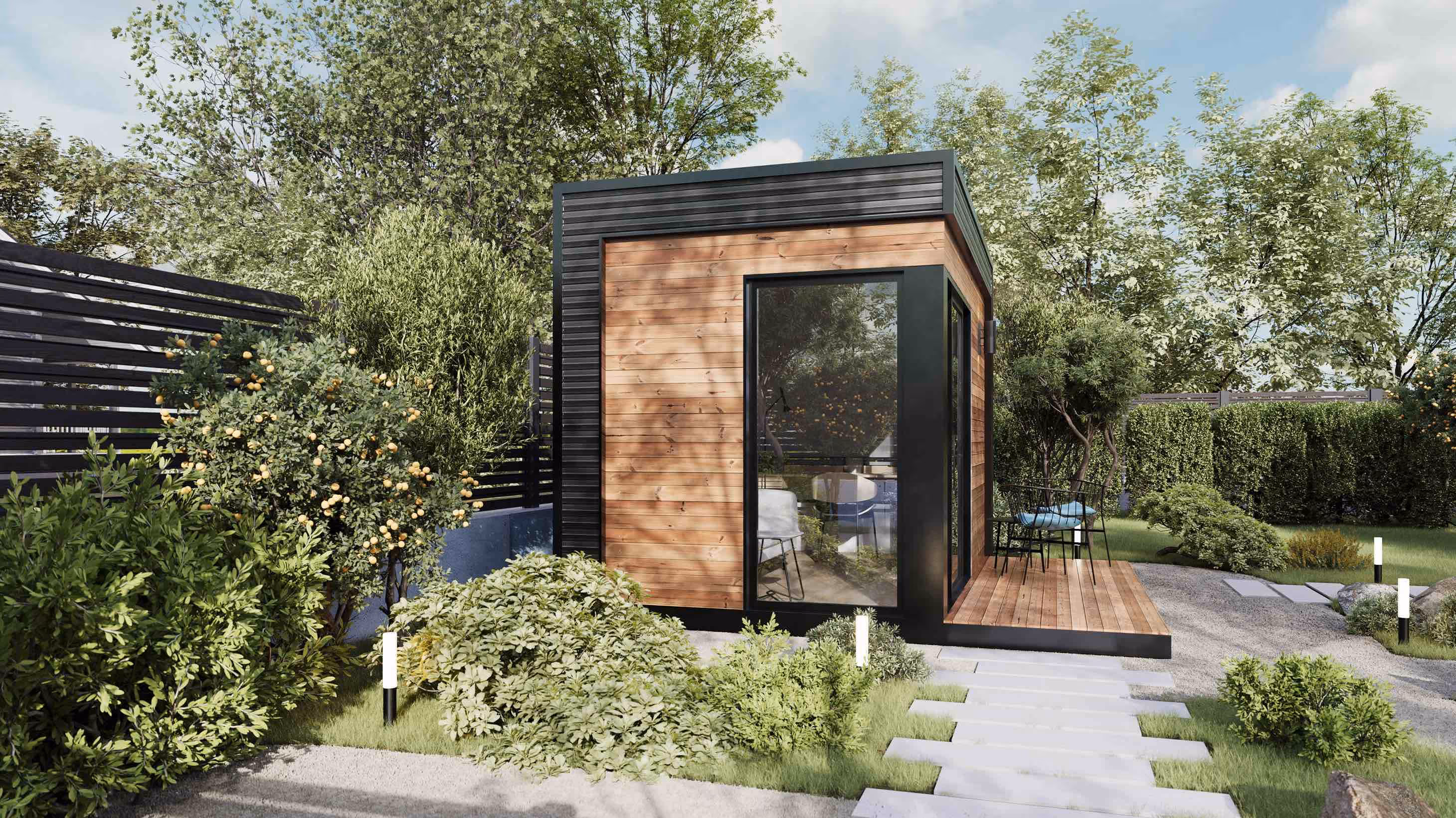 Side view of a modern compact shed Sunset Mini by Wellmade