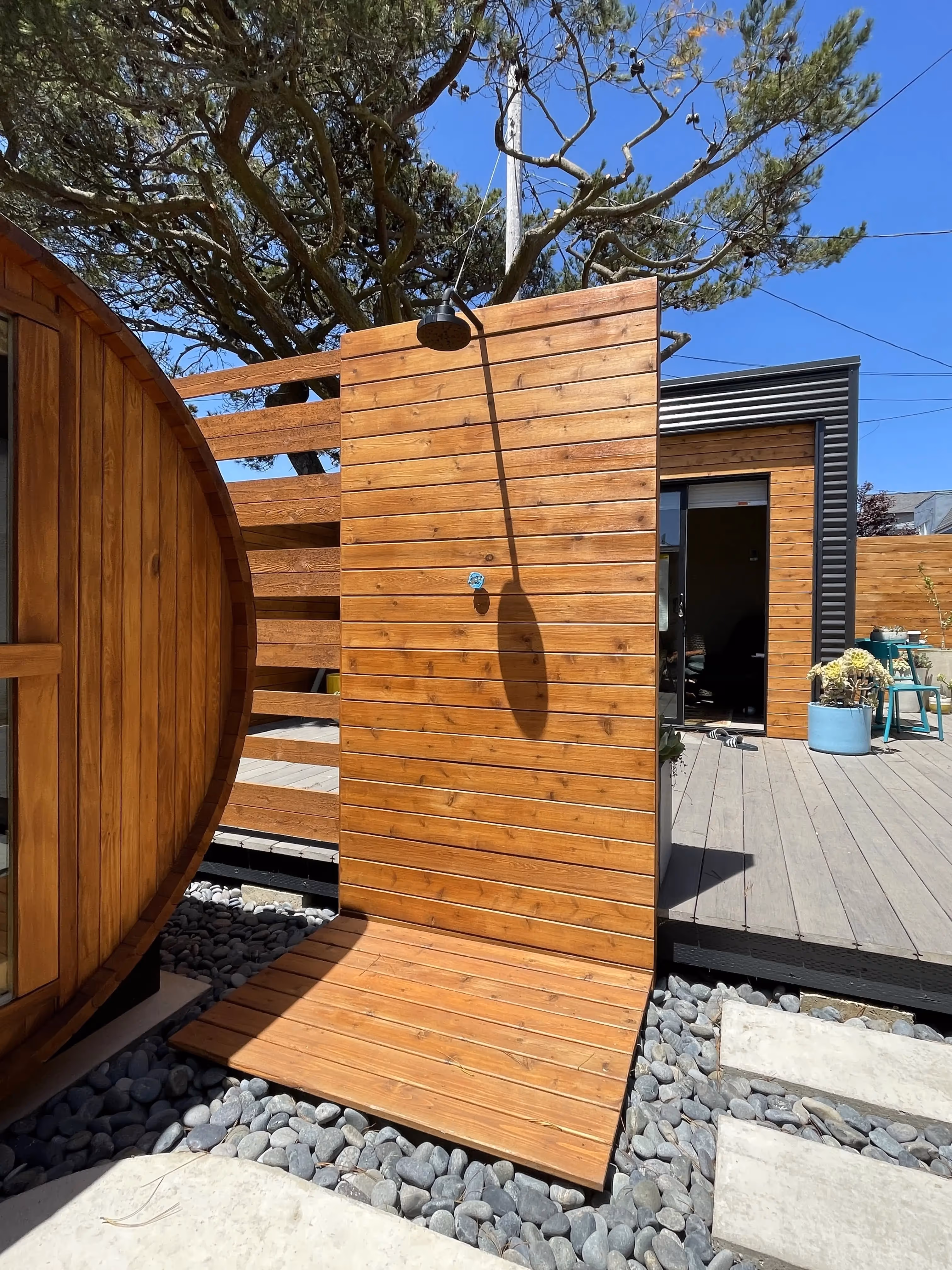 Exterior view of a modern prefab shed.