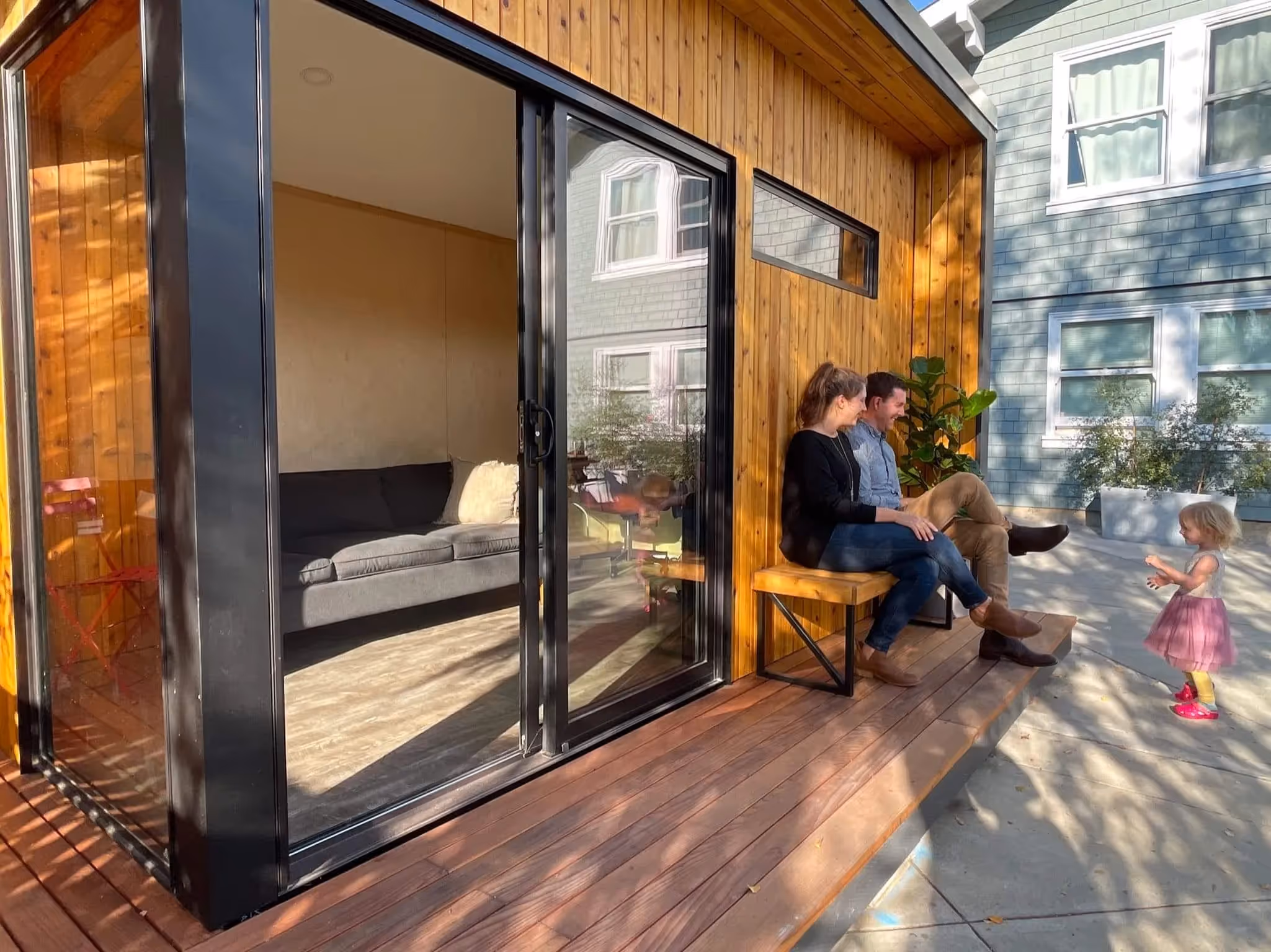Exterior view of a modern prefab shed.