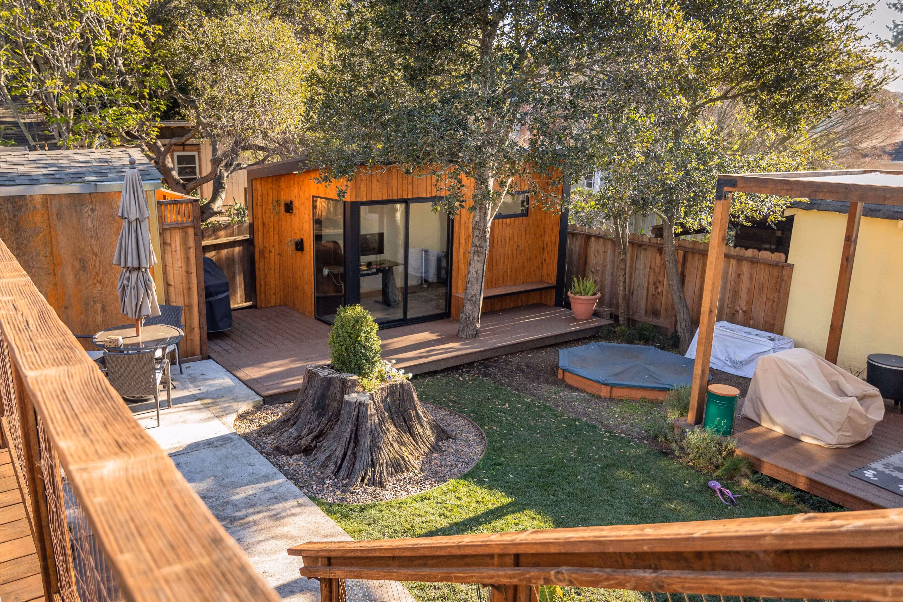 Exterior view of a modern prefab shed.